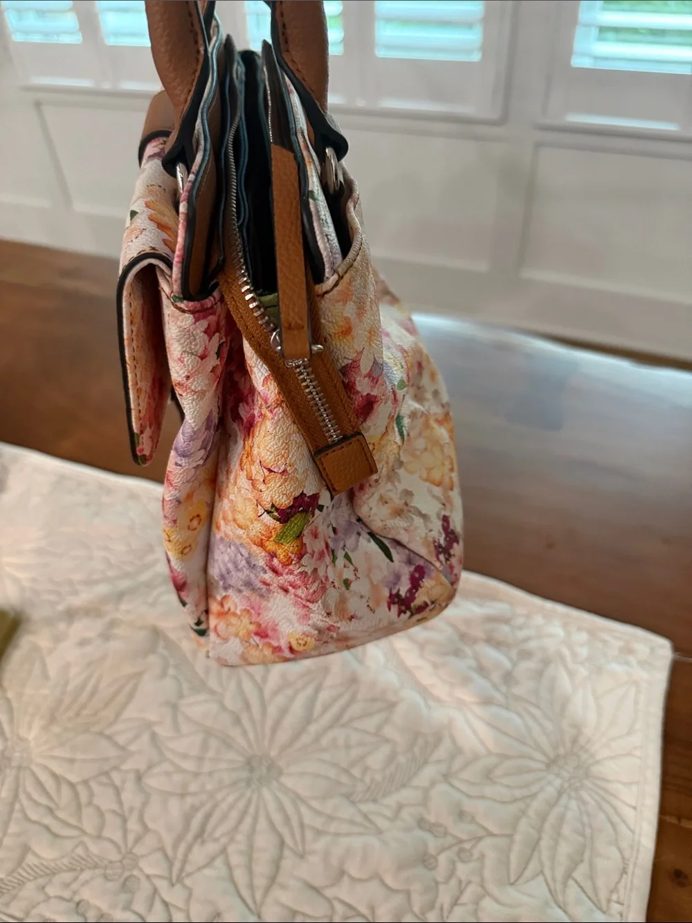 Dana Buchman Floral Multicolor Satchel with Brown Trim
